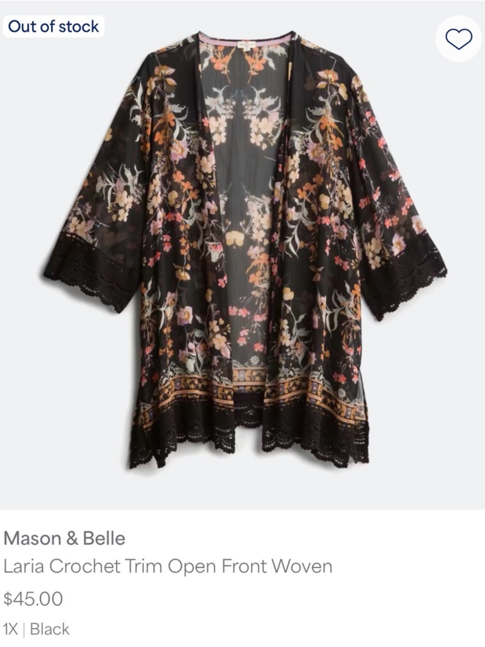 Mason & Belle Black Floral Crochet-Trim Open Front Kimono